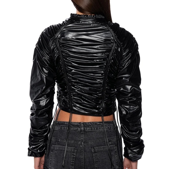 Akira, Black INTO THE MATRIX FAUX LEATHER RUCHED BLOUSE Jacket, Size M - Picture 7 of 8